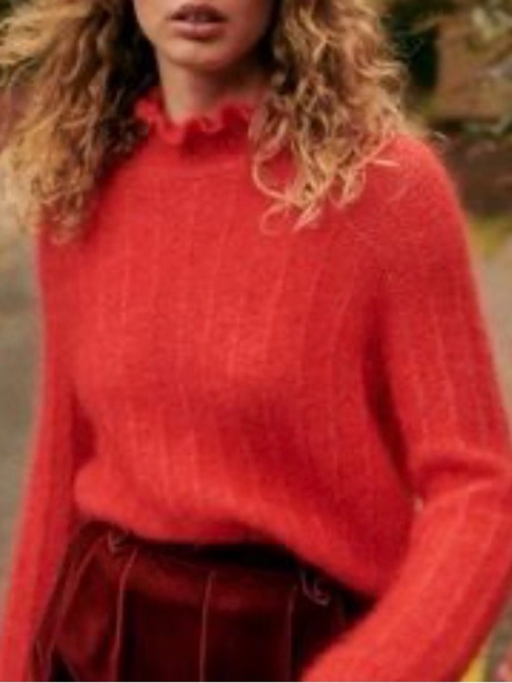 Sezane Deep Orange-red Mohair Wool blend Ruffle neck sweater size L